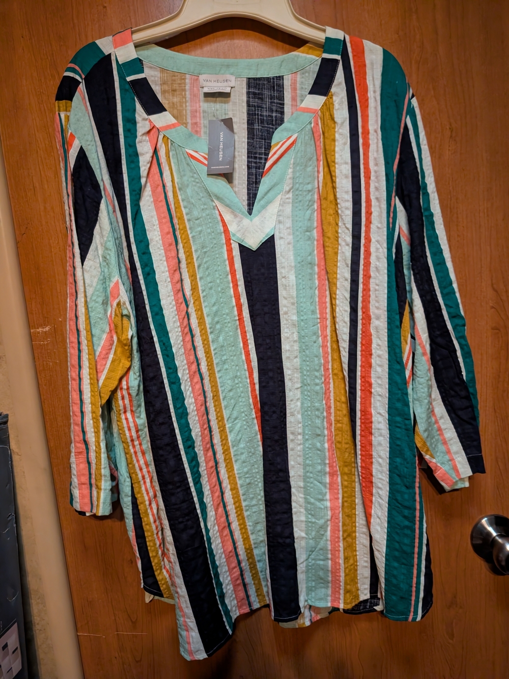 Vince Camuto Mint Multi-Stripe V-Neck Tunic Top